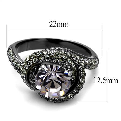 Women Stainless Steel Ring featuring a round light amethyst synthetic crystal with an IP light black finish.