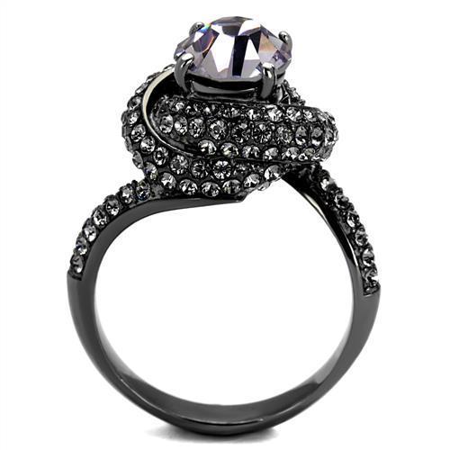 Women Stainless Steel Ring featuring a round light amethyst synthetic crystal with an IP light black finish.