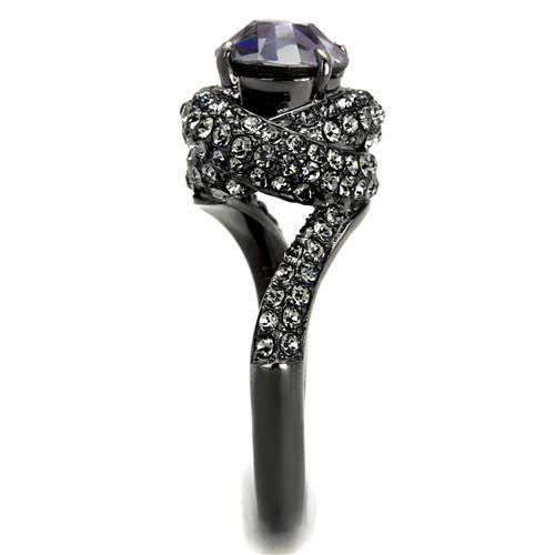 Women Stainless Steel Ring featuring a round light amethyst synthetic crystal with an IP light black finish.