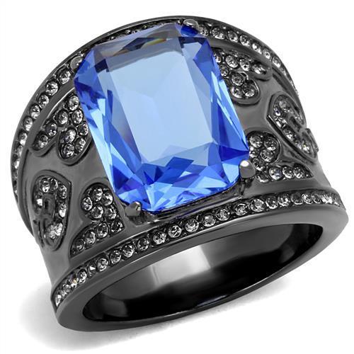 A stylish women's stainless steel ring featuring a synthetic crystal and sapphire in an oblong shape with an IP light black finish.