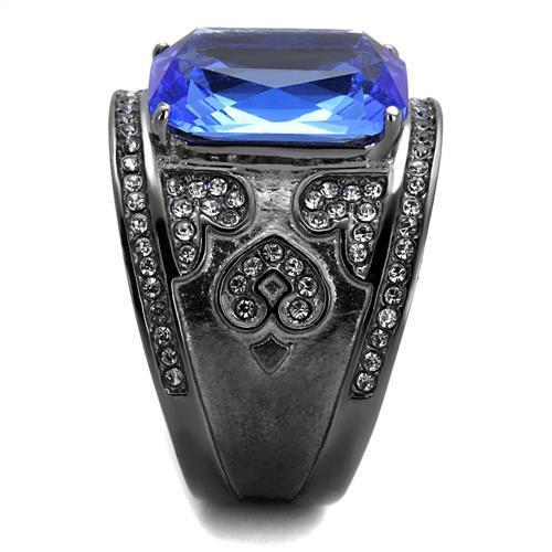 A stylish women's stainless steel ring featuring a synthetic crystal and sapphire in an oblong shape with an IP light black finish.