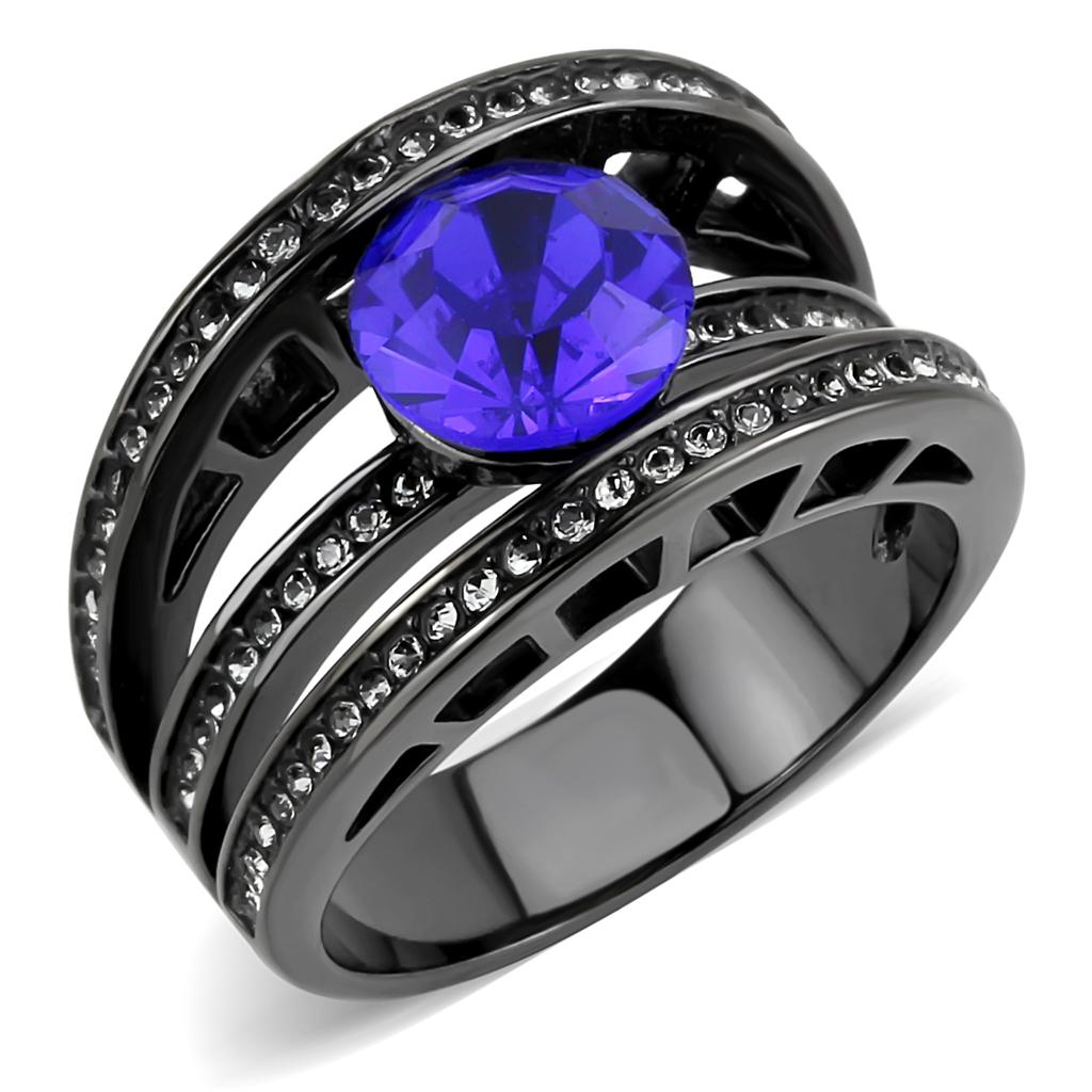 A stylish women's stainless steel ring featuring a round synthetic sapphire crystal with an IP light black finish.