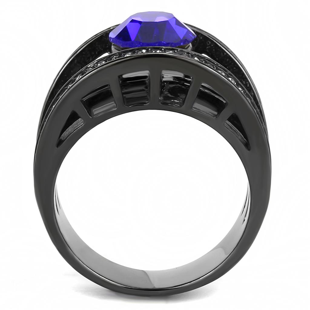 A stylish women's stainless steel ring featuring a round synthetic sapphire crystal with an IP light black finish.