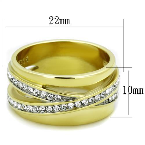 A stylish women's ring made of stainless steel with a two-tone IP gold finish and a clear synthetic crystal centerpiece.