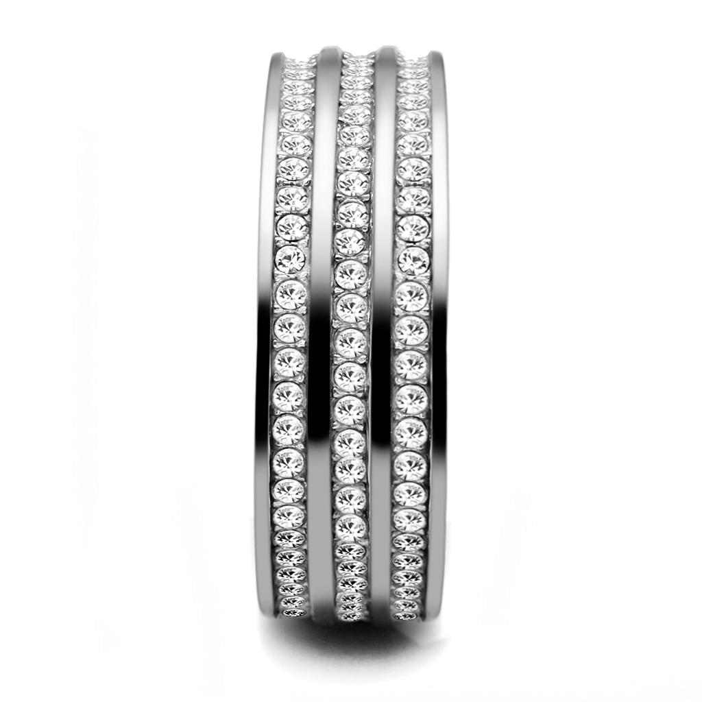 Elegant women’s stainless steel ring featuring a clear synthetic crystal, showcasing a high polished finish.