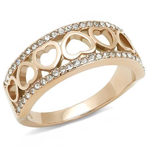 A stylish Women Stainless Steel Synthetic Crystal Ring with IP Rose Gold finish and clear synthetic crystals, showcasing elegance and durability.