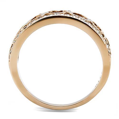 A stylish Women Stainless Steel Synthetic Crystal Ring with IP Rose Gold finish and clear synthetic crystals, showcasing elegance and durability.