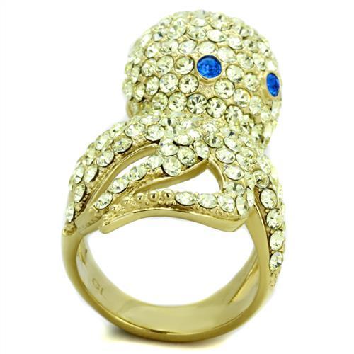 A collection of women’s stainless steel rings featuring synthetic crystals in various vibrant colors with IP gold ion plating.