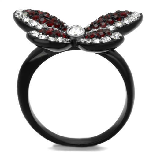 A stylish women's stainless steel ring featuring synthetic Siam crystals in a two-tone black and silver design.