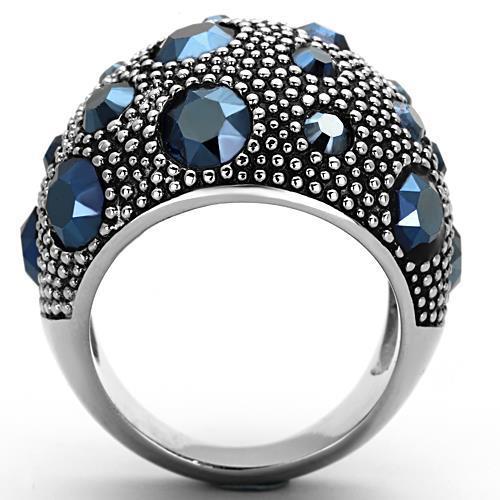 Elegant women’s stainless steel ring featuring a high polish finish and a stunning synthetic Montana crystal centerpiece.