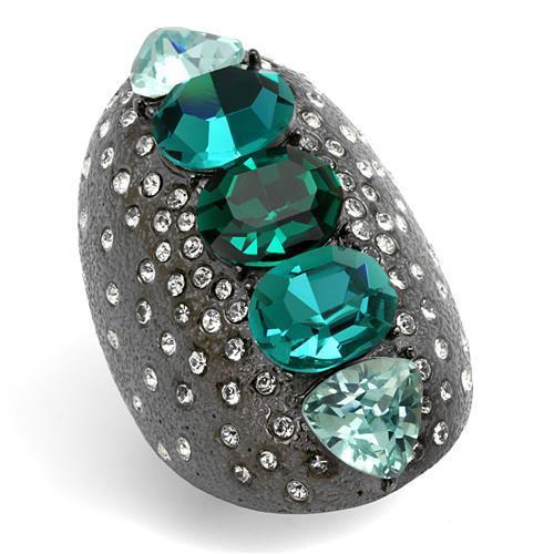 A stylish women's stainless steel ring featuring multi-color synthetic crystals in an elegant oval design with an IP light black finish.