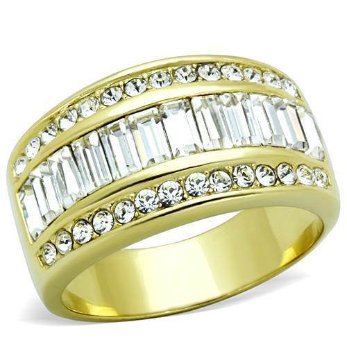 A stylish women's stainless steel ring with synthetic crystal, featuring IP gold plating and a clear sparkling design.