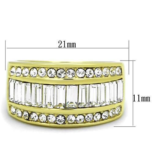 A stylish women's stainless steel ring with synthetic crystal, featuring IP gold plating and a clear sparkling design.