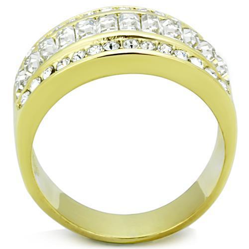 A stylish women's stainless steel ring with synthetic crystal, featuring IP gold plating and a clear sparkling design.