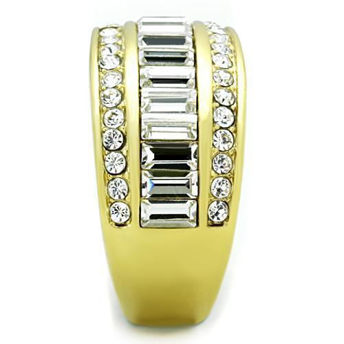 A stylish women's stainless steel ring with synthetic crystal, featuring IP gold plating and a clear sparkling design.