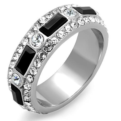 A stylish women's stainless steel ring featuring synthetic crystal accents in jet color, showcasing a high-polished finish.