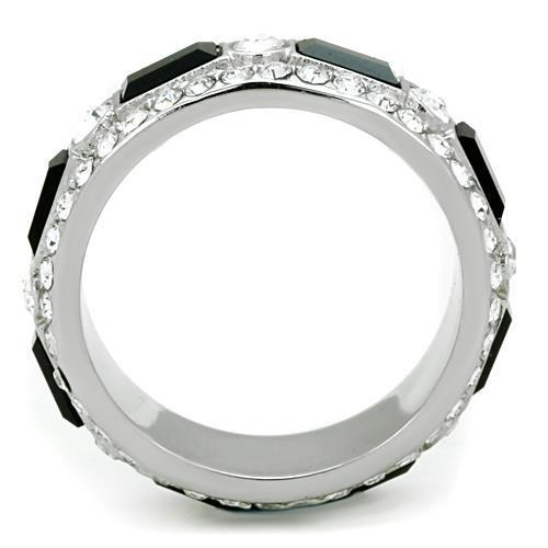 A stylish women's stainless steel ring featuring synthetic crystal accents in jet color, showcasing a high-polished finish.