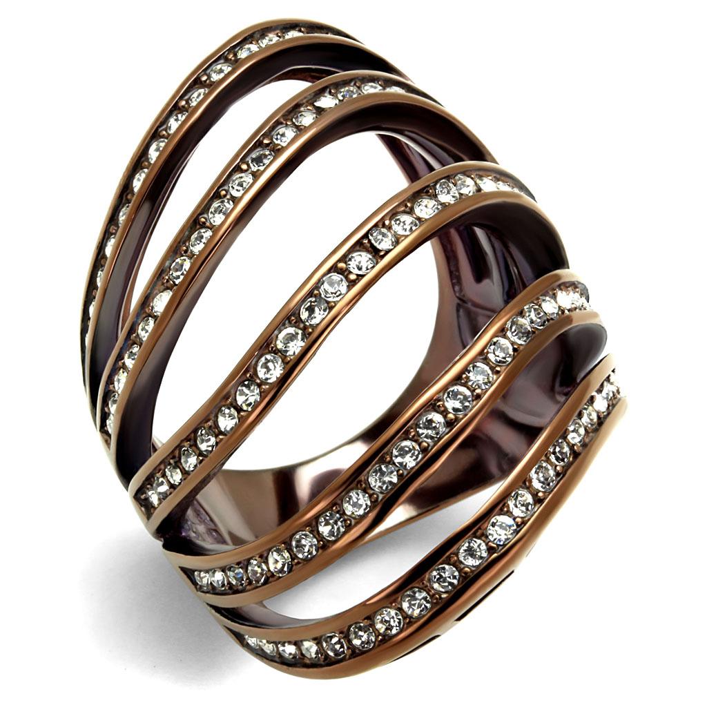 A stylish women's stainless steel ring featuring a coffee light finish and clear synthetic crystals, perfect for any occasion.