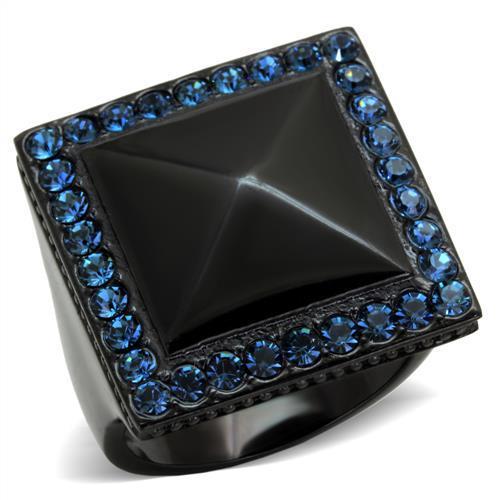 Elegant Women Stainless Steel Ring with Synthetic Montana Crystal, featuring a sleek IP Black finish.