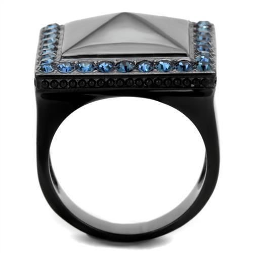 Elegant Women Stainless Steel Ring with Synthetic Montana Crystal, featuring a sleek IP Black finish.