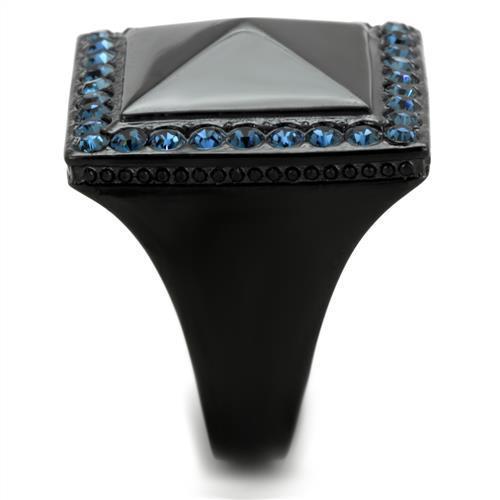 Elegant Women Stainless Steel Ring with Synthetic Montana Crystal, featuring a sleek IP Black finish.