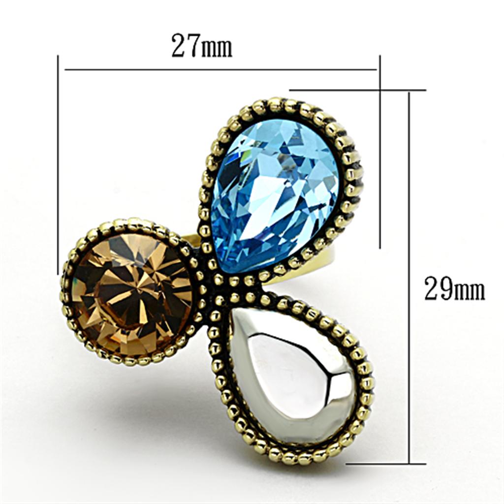 Elegant women’s stainless steel ring with multi-color synthetic crystals and IP gold plating, featuring a pear-shaped design.