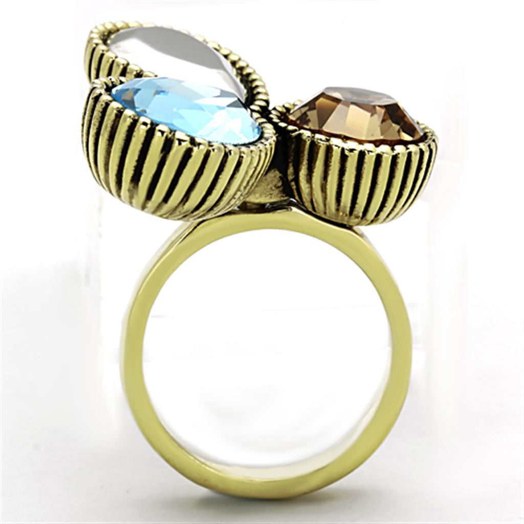 Elegant women’s stainless steel ring with multi-color synthetic crystals and IP gold plating, featuring a pear-shaped design.