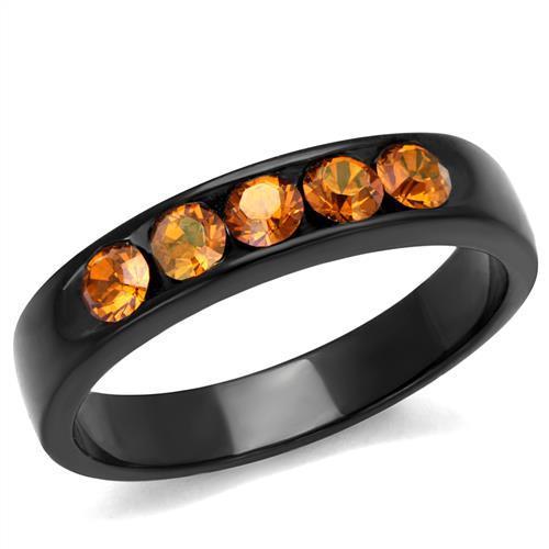 Elegant women stainless steel ring featuring a champagne synthetic crystal with IP black ion plating.