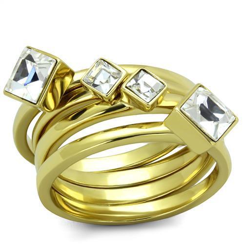 Elegant Women Stainless Steel Ring with Synthetic Crystal and IP Gold Plating, showcasing a clear sparkling design.