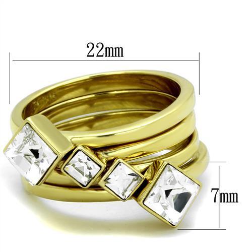 Elegant Women Stainless Steel Ring with Synthetic Crystal and IP Gold Plating, showcasing a clear sparkling design.