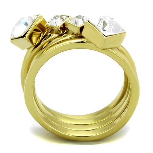 Elegant Women Stainless Steel Ring with Synthetic Crystal and IP Gold Plating, showcasing a clear sparkling design.