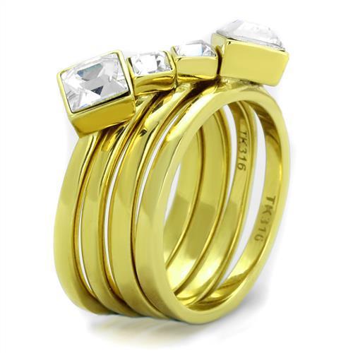 Elegant Women Stainless Steel Ring with Synthetic Crystal and IP Gold Plating, showcasing a clear sparkling design.