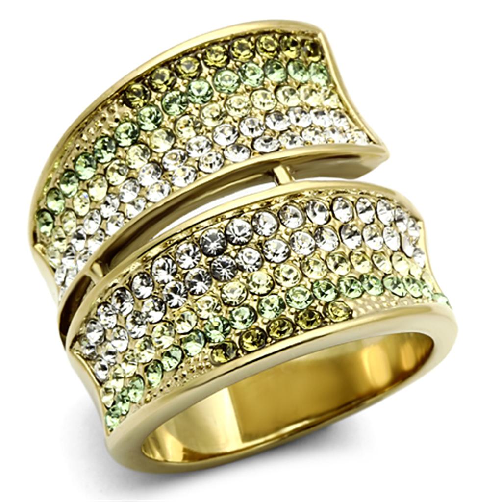 A collection of women’s stainless steel rings featuring synthetic crystals in various vibrant colors and IP gold plating.