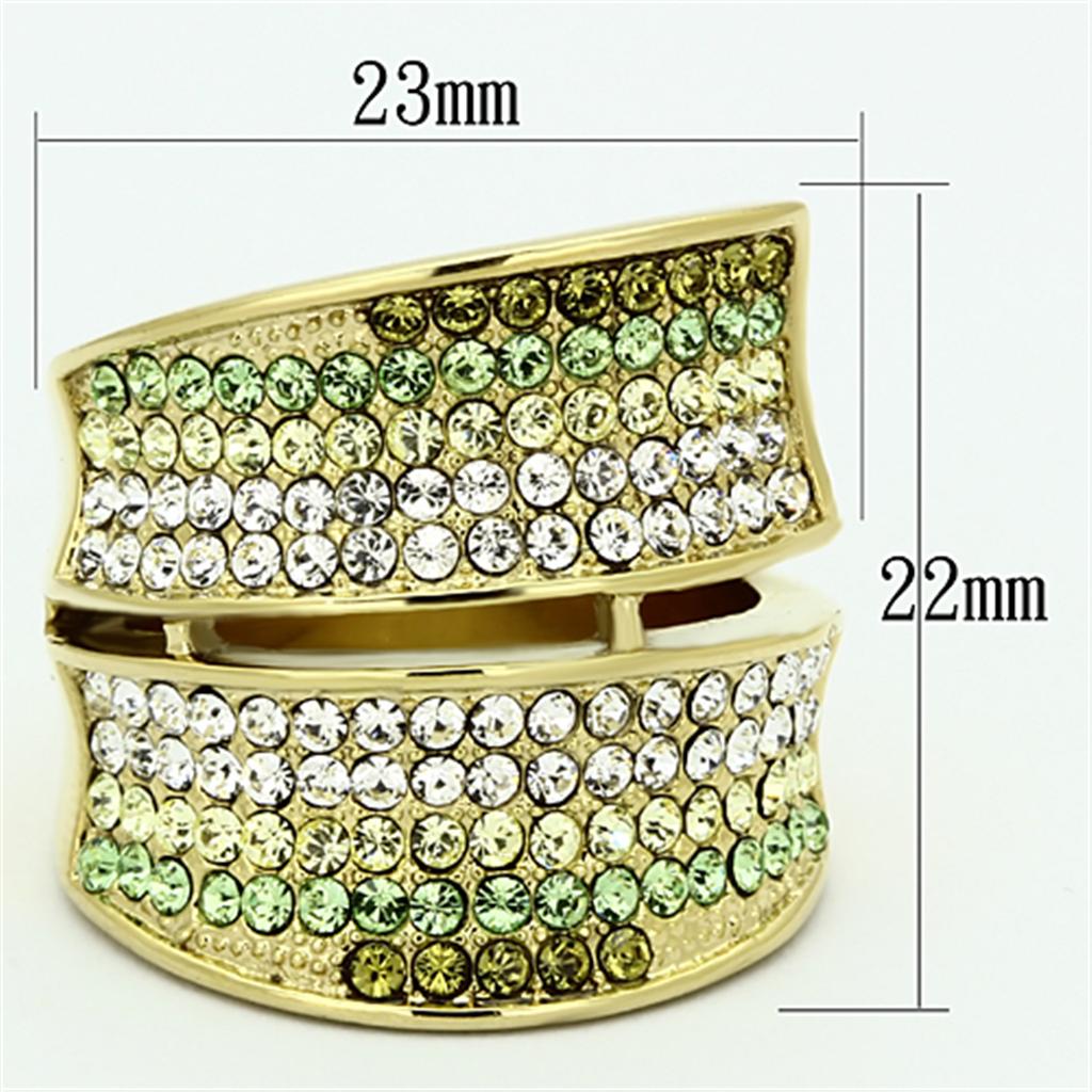 A collection of women’s stainless steel rings featuring synthetic crystals in various vibrant colors and IP gold plating.