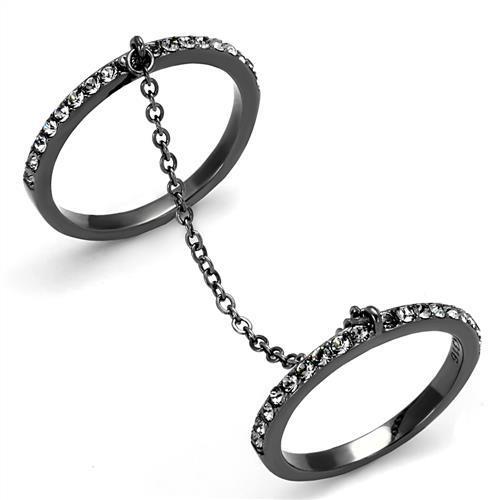 A stylish women's ring made of stainless steel with a synthetic crystal in jet color, featuring an IP light black finish.