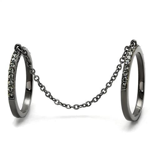 A stylish women's ring made of stainless steel with a synthetic crystal in jet color, featuring an IP light black finish.