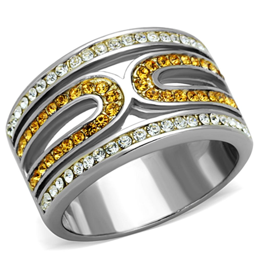 A stylish women's stainless steel ring featuring synthetic topaz crystals and a two-tone IP gold finish, perfect for any occasion.