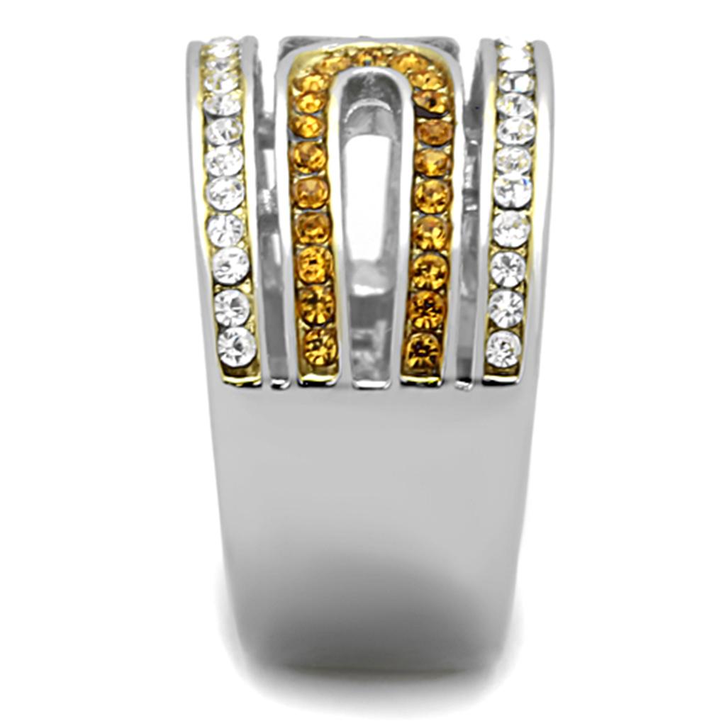 A stylish women's stainless steel ring featuring synthetic topaz crystals and a two-tone IP gold finish, perfect for any occasion.