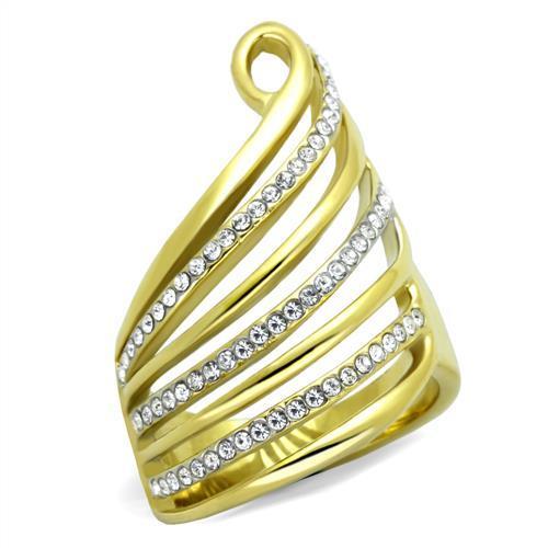 A beautiful two-tone stainless steel ring featuring a sparkling synthetic crystal centerpiece, perfect for women.