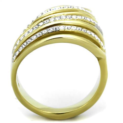 A beautiful two-tone stainless steel ring featuring a sparkling synthetic crystal centerpiece, perfect for women.