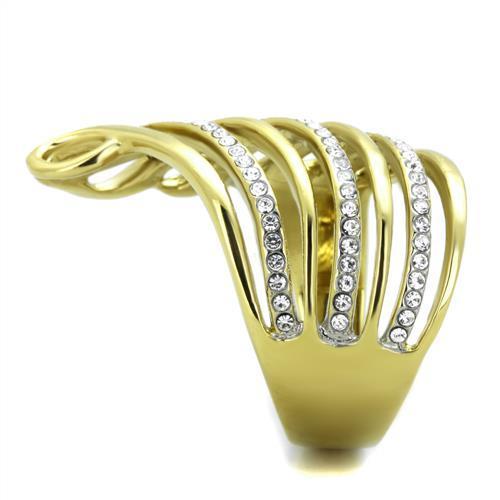 A beautiful two-tone stainless steel ring featuring a sparkling synthetic crystal centerpiece, perfect for women.