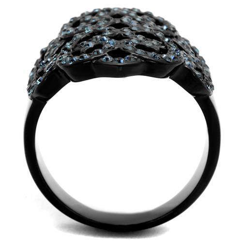 A stylish women's stainless steel ring featuring synthetic crystals and a black ion plating finish, perfect for any occasion.