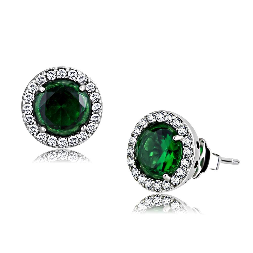 Elegant women stainless steel earrings featuring synthetic emerald glass in a round design, high polished finish.