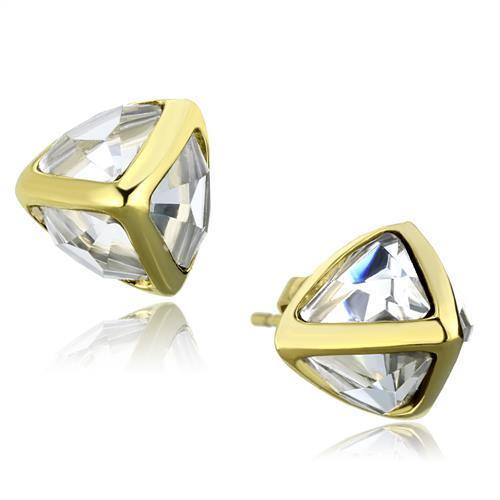 Elegant women stainless steel earrings with clear synthetic glass and IP gold plating, perfect for any occasion.