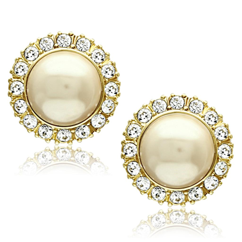 Elegant Women Stainless Steel Earrings with Synthetic Pearls in Citrine Yellow and IP Gold Plating.