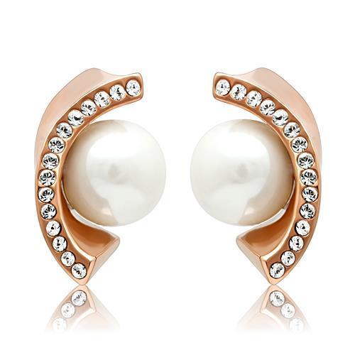 Elegant Women Stainless Steel Earrings featuring synthetic white pearls and IP Rose Gold finish.