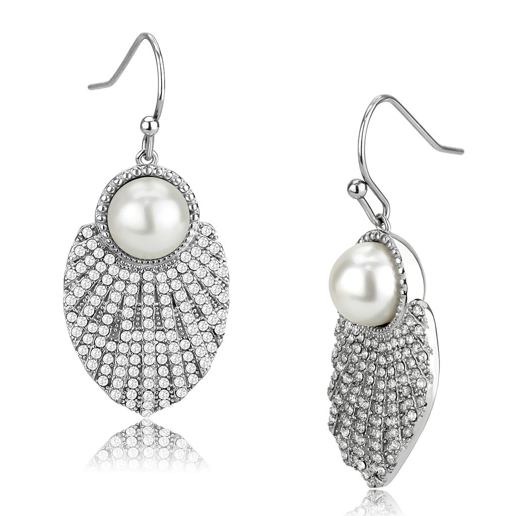 Elegant women stainless steel earrings featuring round synthetic pearls in white, perfect for any occasion.