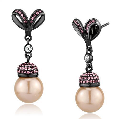 Elegant Women Stainless Steel Earrings with round synthetic pearls in IP light black finish.