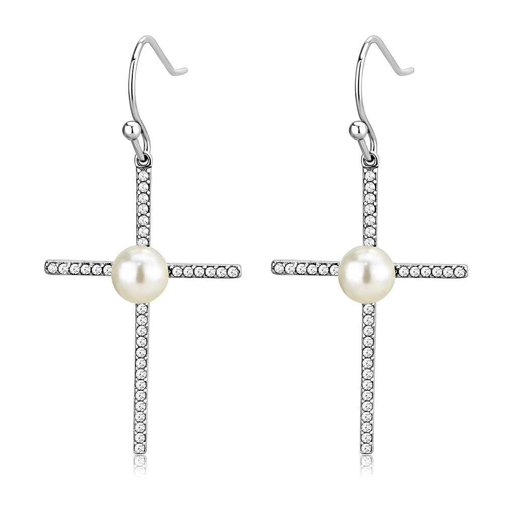 Elegant Women Stainless Steel Earrings featuring round synthetic white pearls with a high-polished stainless steel finish.