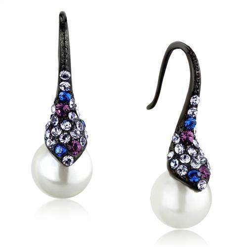 Elegant Women Stainless Steel Earrings featuring synthetic white pearls with IP black ion plating.